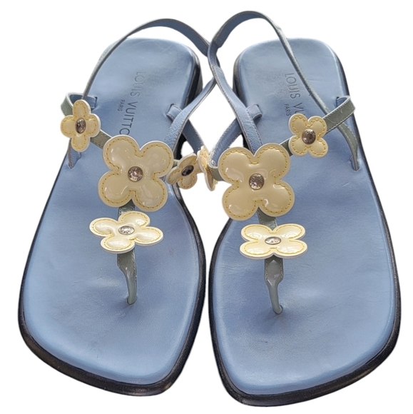 LOUIS VUITTION Sandals Blue with Cream Colored Flower  Size 39.5 - US 9.5 - Picture 3 of 10